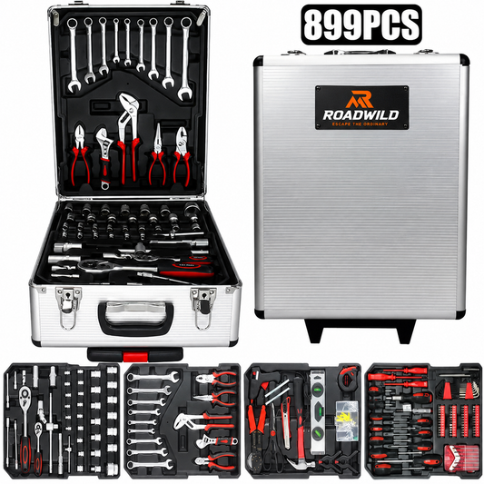 ROADWILD 899-Piece Tool Set - High-Capacity Portable Metal Tool Case,Wheeled Mobile Tool Cabinet, and 4-Tier Aluminum Alloy Storage Unit- A Complete Kit for Mechanical Repair & Home Maintenance