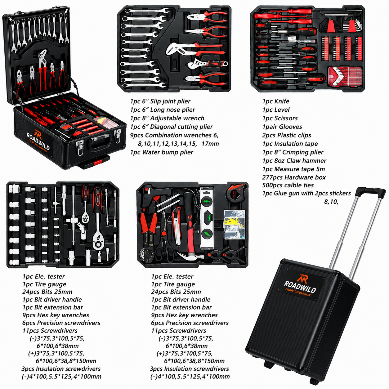 ROADWILD 899-Piece Tool Set - High-Capacity Portable Metal Tool Case,Wheeled Mobile Tool Cabinet, and 4-Tier Aluminum Alloy Storage Unit- A Complete Kit for Mechanical Repair & Home Maintenance