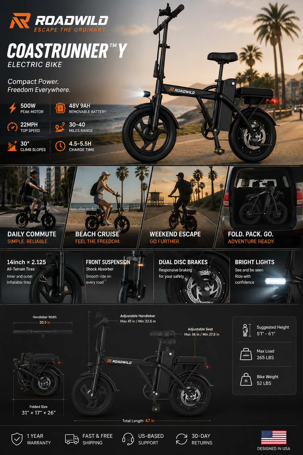 ROADWILD COASTRUNNER Y Electric Bike - Size Reference