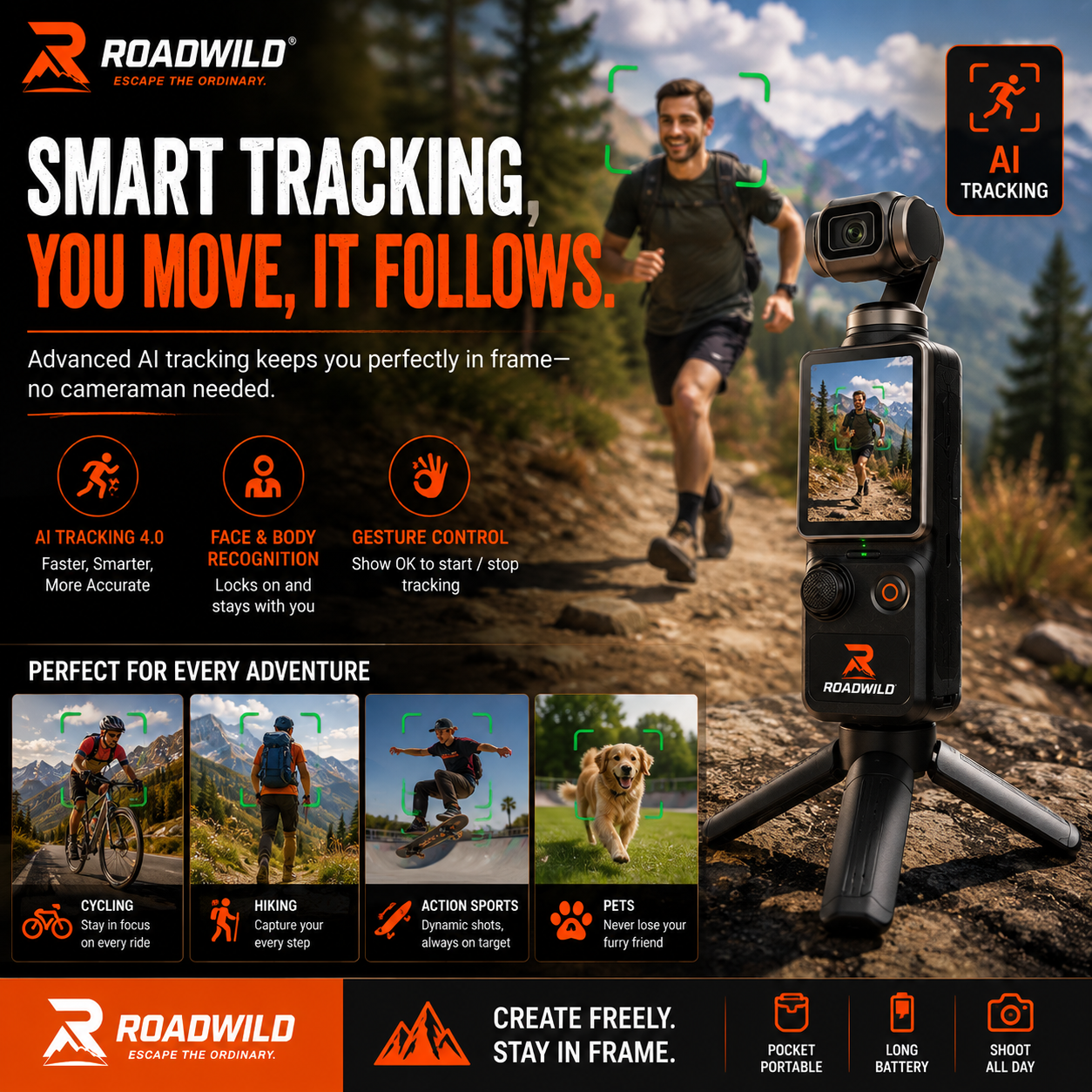 ROADWILD TRAILMUSE 4K Pocket Gimbal Camera - Close Up