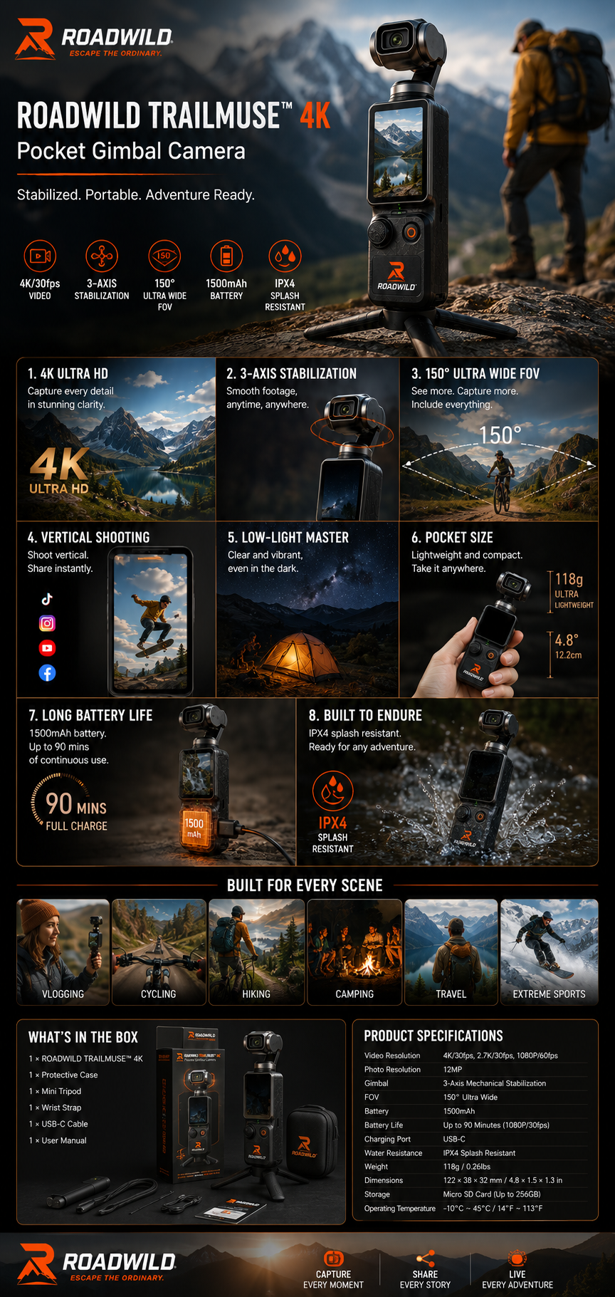 ROADWILD TRAILMUSE 4K Pocket Gimbal Camera - Color Options