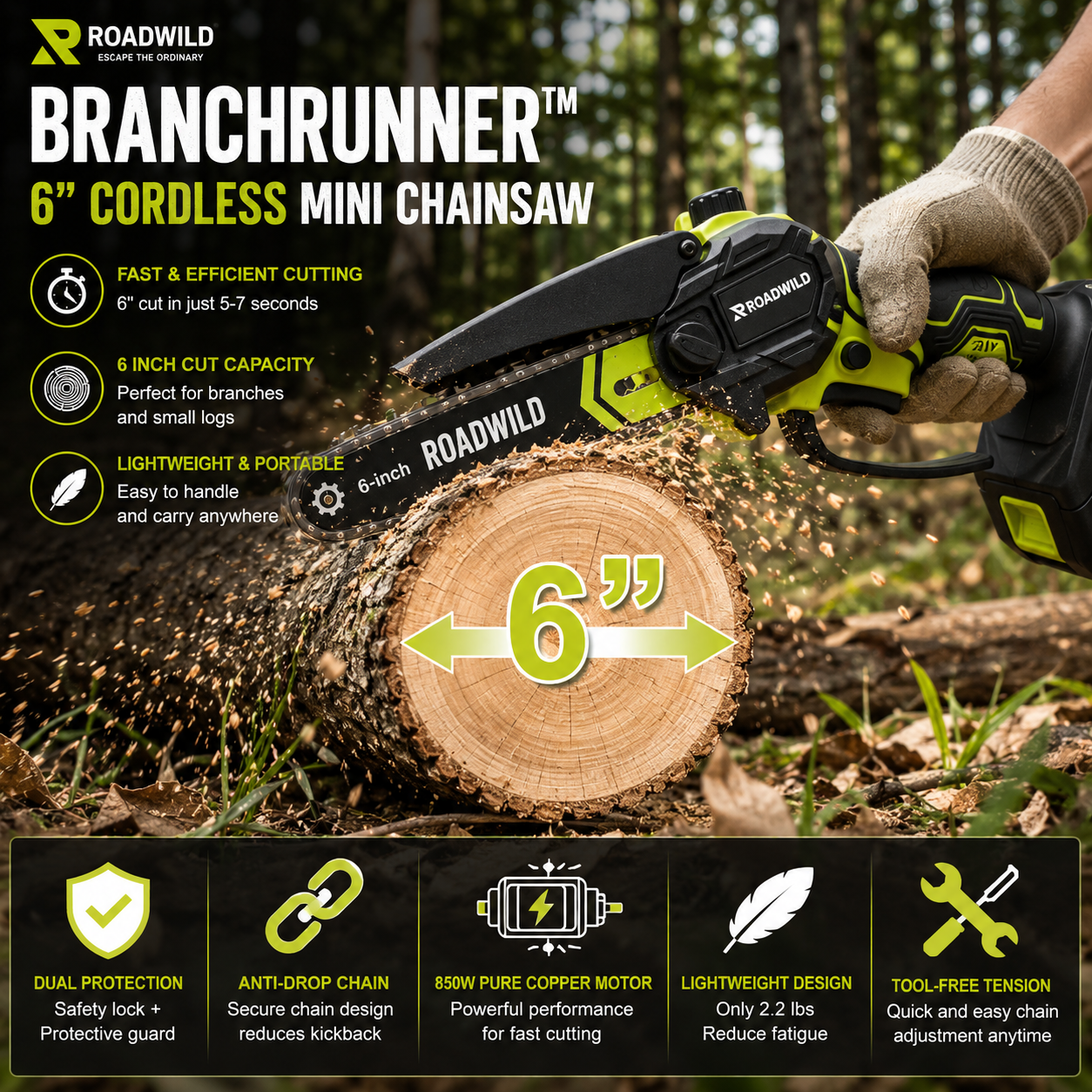 ROADWILD BRANCHRUNNER 6" Cordless Mini Chainsaw - Lifestyle