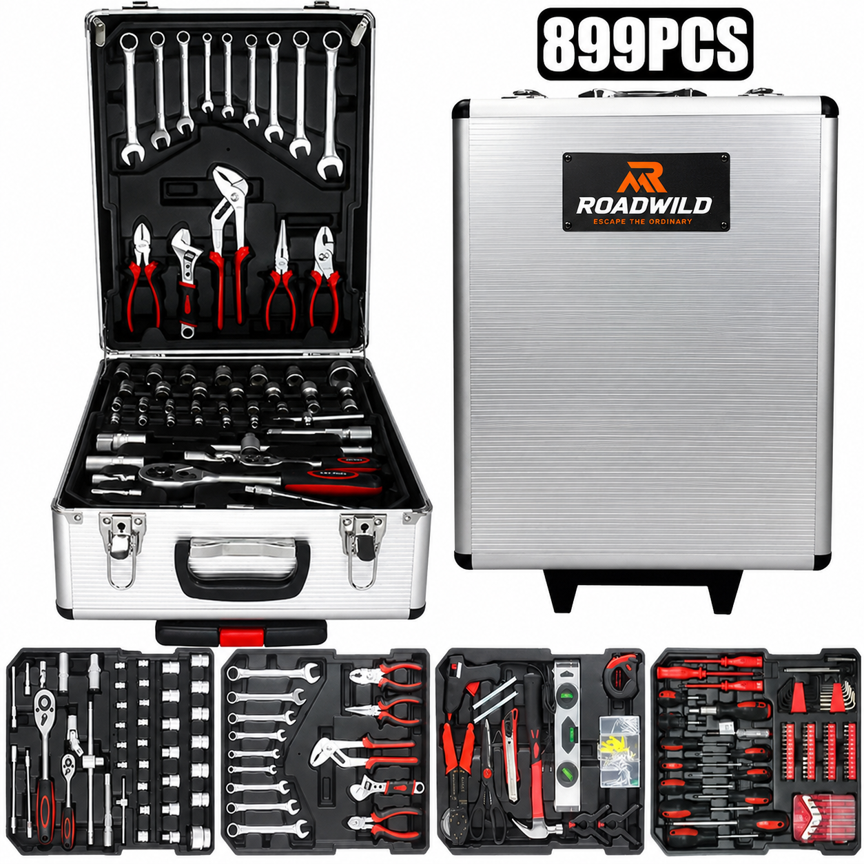 ROADWILD 899-Piece Tool Set - High-Capacity Portable Metal Tool Case,Wheeled Mobile Tool Cabinet, and 4-Tier Aluminum Alloy Storage Unit- A Complete Kit for Mechanical Repair & Home Maintenance