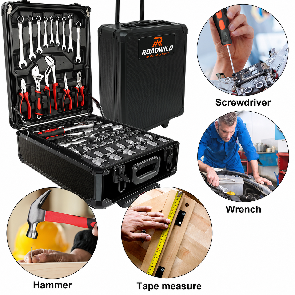 ROADWILD 899-Piece Tool Set - High-Capacity Portable Metal Tool Case,Wheeled Mobile Tool Cabinet, and 4-Tier Aluminum Alloy Storage Unit- A Complete Kit for Mechanical Repair & Home Maintenance