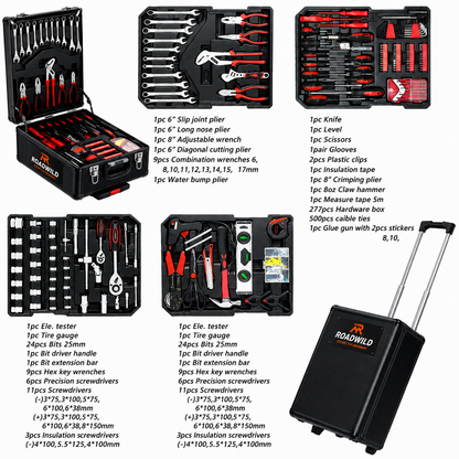ROADWILD 899-Piece Tool Set - High-Capacity Portable Metal Tool Case,Wheeled Mobile Tool Cabinet, and 4-Tier Aluminum Alloy Storage Unit- A Complete Kit for Mechanical Repair & Home Maintenance