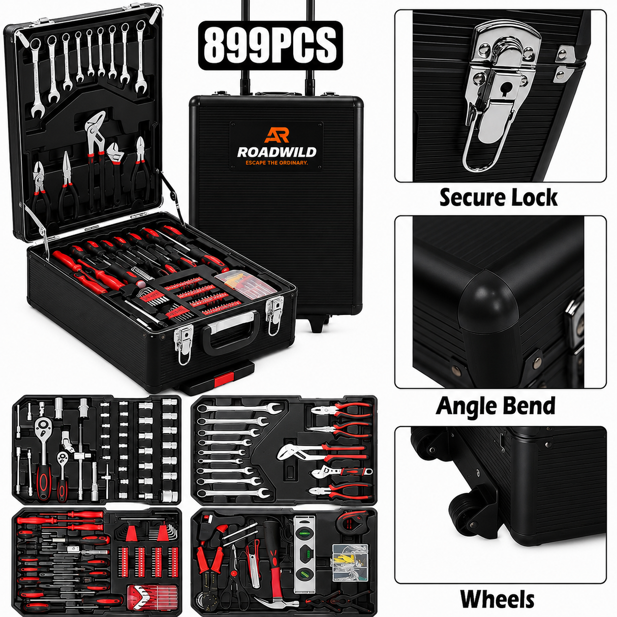 ROADWILD 899-Piece Tool Set - High-Capacity Portable Metal Tool Case,Wheeled Mobile Tool Cabinet, and 4-Tier Aluminum Alloy Storage Unit- A Complete Kit for Mechanical Repair & Home Maintenance