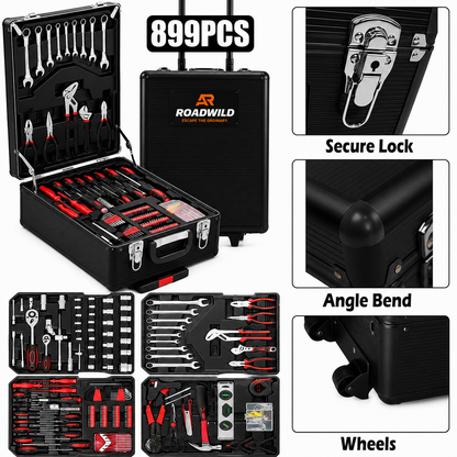 ROADWILD 899-Piece Tool Set - High-Capacity Portable Metal Tool Case,Wheeled Mobile Tool Cabinet, and 4-Tier Aluminum Alloy Storage Unit- A Complete Kit for Mechanical Repair & Home Maintenance