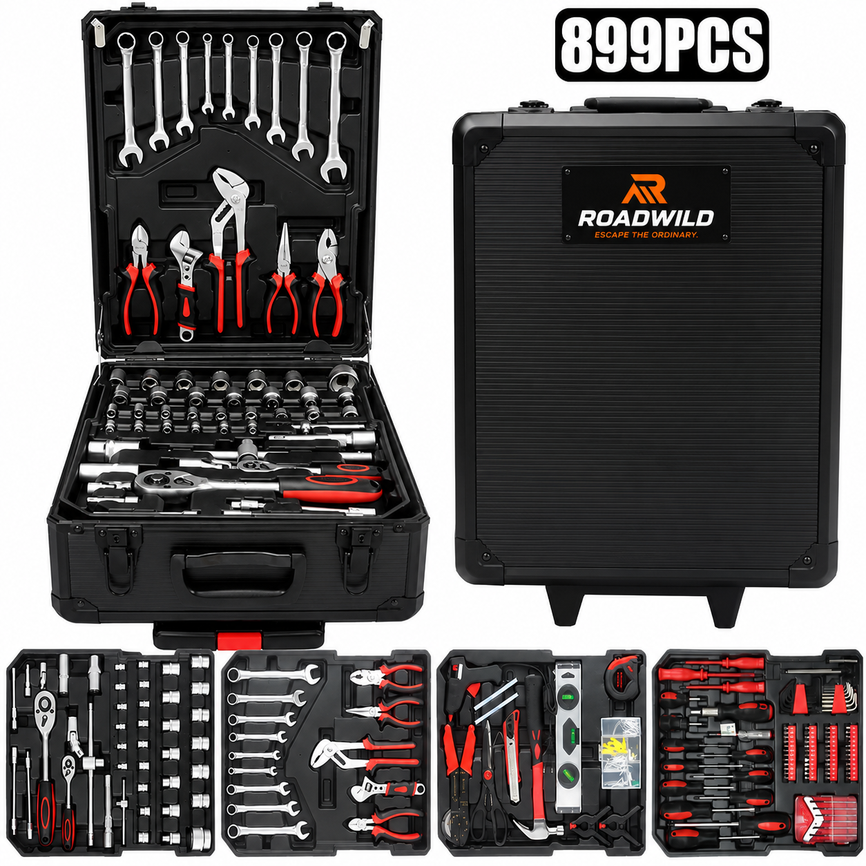 ROADWILD 899-Piece Tool Set - High-Capacity Portable Metal Tool Case,Wheeled Mobile Tool Cabinet, and 4-Tier Aluminum Alloy Storage Unit- A Complete Kit for Mechanical Repair & Home Maintenance