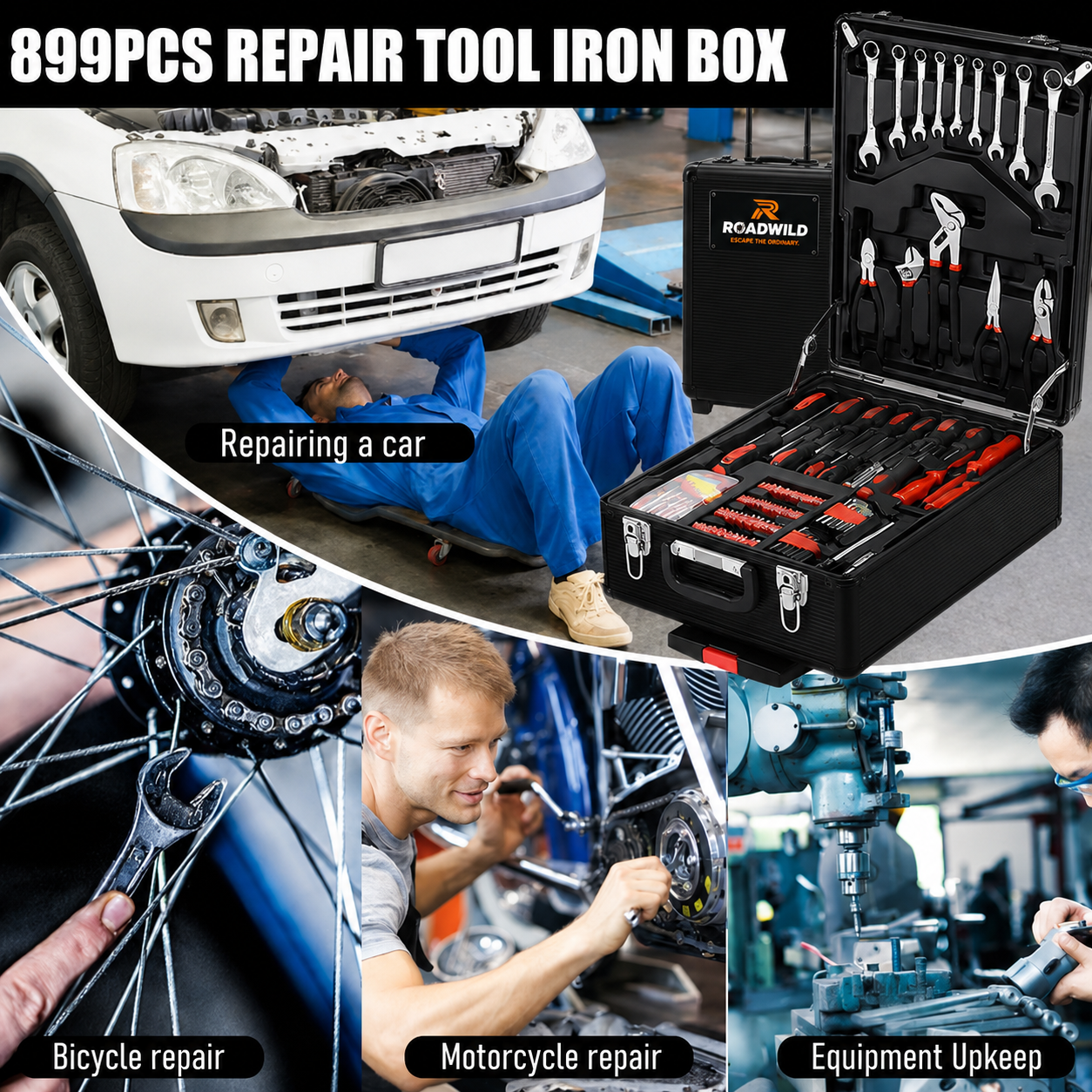 ROADWILD 899-Piece Tool Set - High-Capacity Portable Metal Tool Case,Wheeled Mobile Tool Cabinet, and 4-Tier Aluminum Alloy Storage Unit- A Complete Kit for Mechanical Repair & Home Maintenance