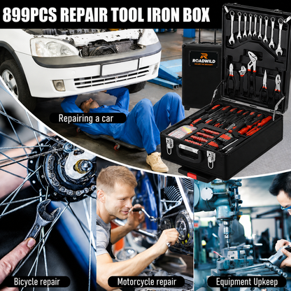 ROADWILD 899-Piece Tool Set - High-Capacity Portable Metal Tool Case,Wheeled Mobile Tool Cabinet, and 4-Tier Aluminum Alloy Storage Unit- A Complete Kit for Mechanical Repair & Home Maintenance