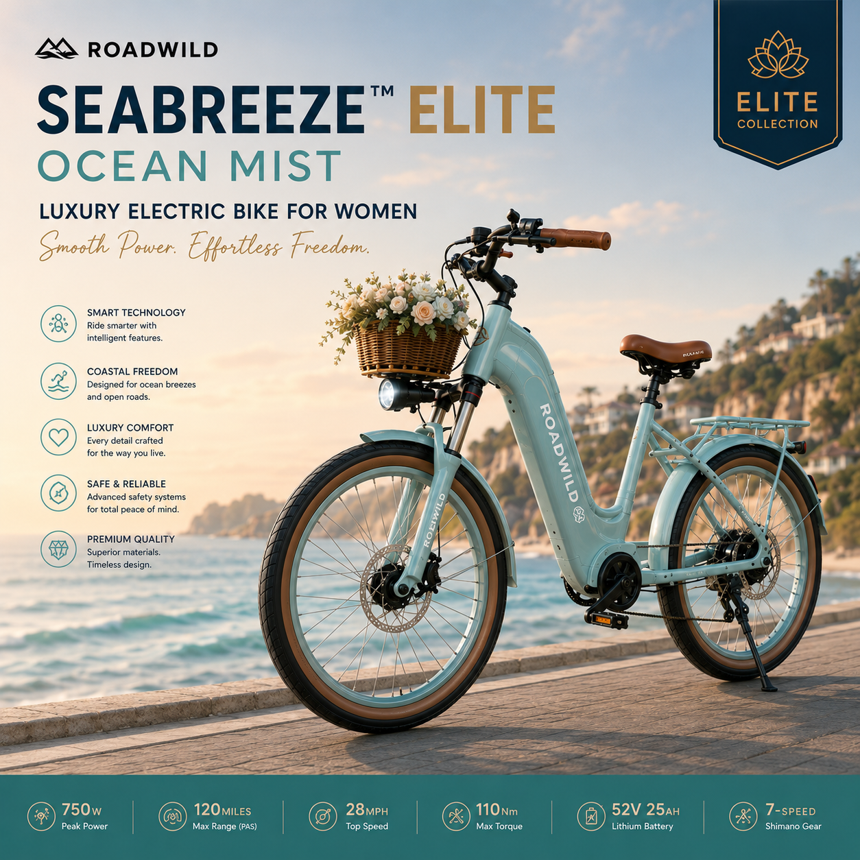 ROADWILD SEABREEZE™ ELITE Luxury Coastal Comfort E-Bike