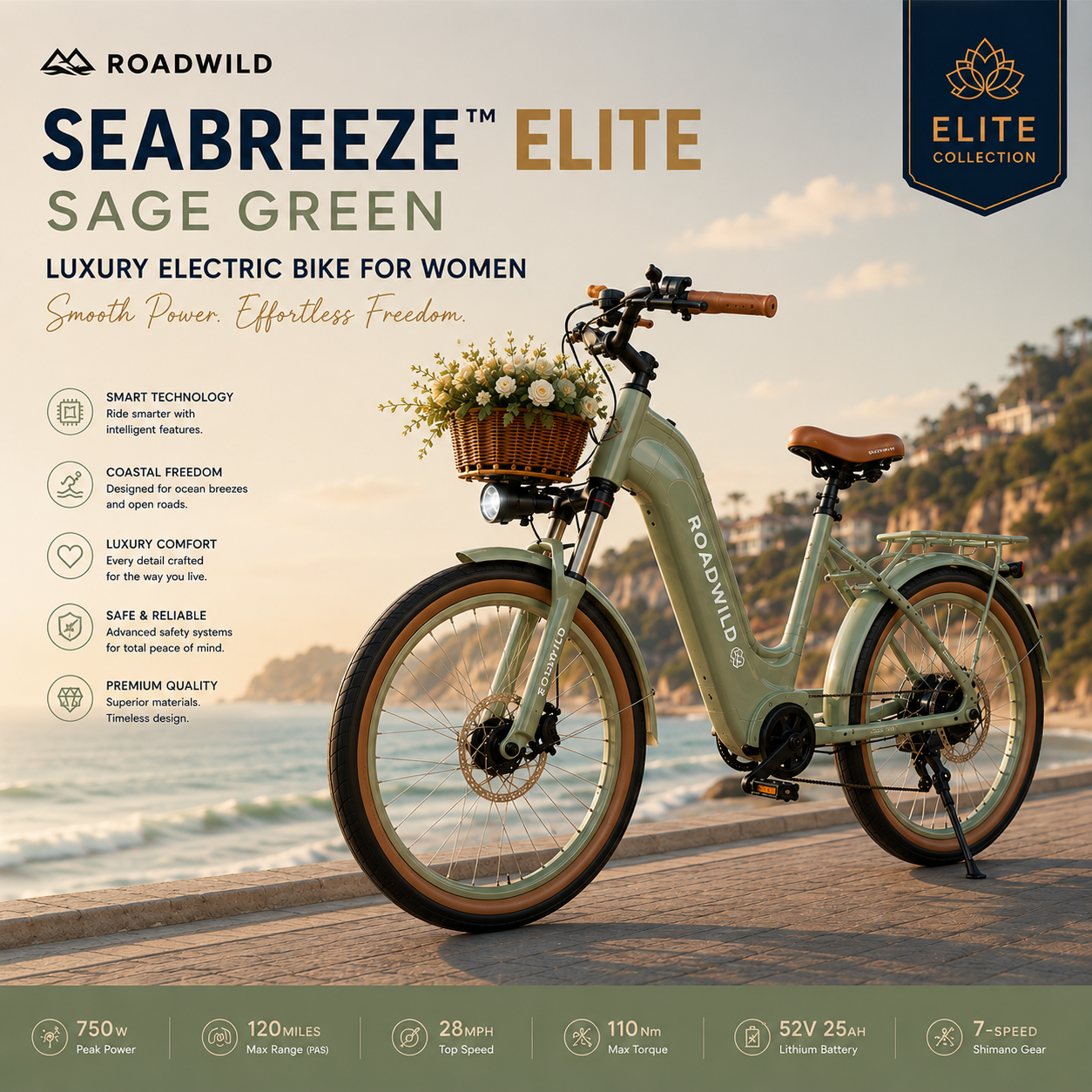 ROADWILD SEABREEZE™ ELITE Luxury Coastal Comfort E-Bike
