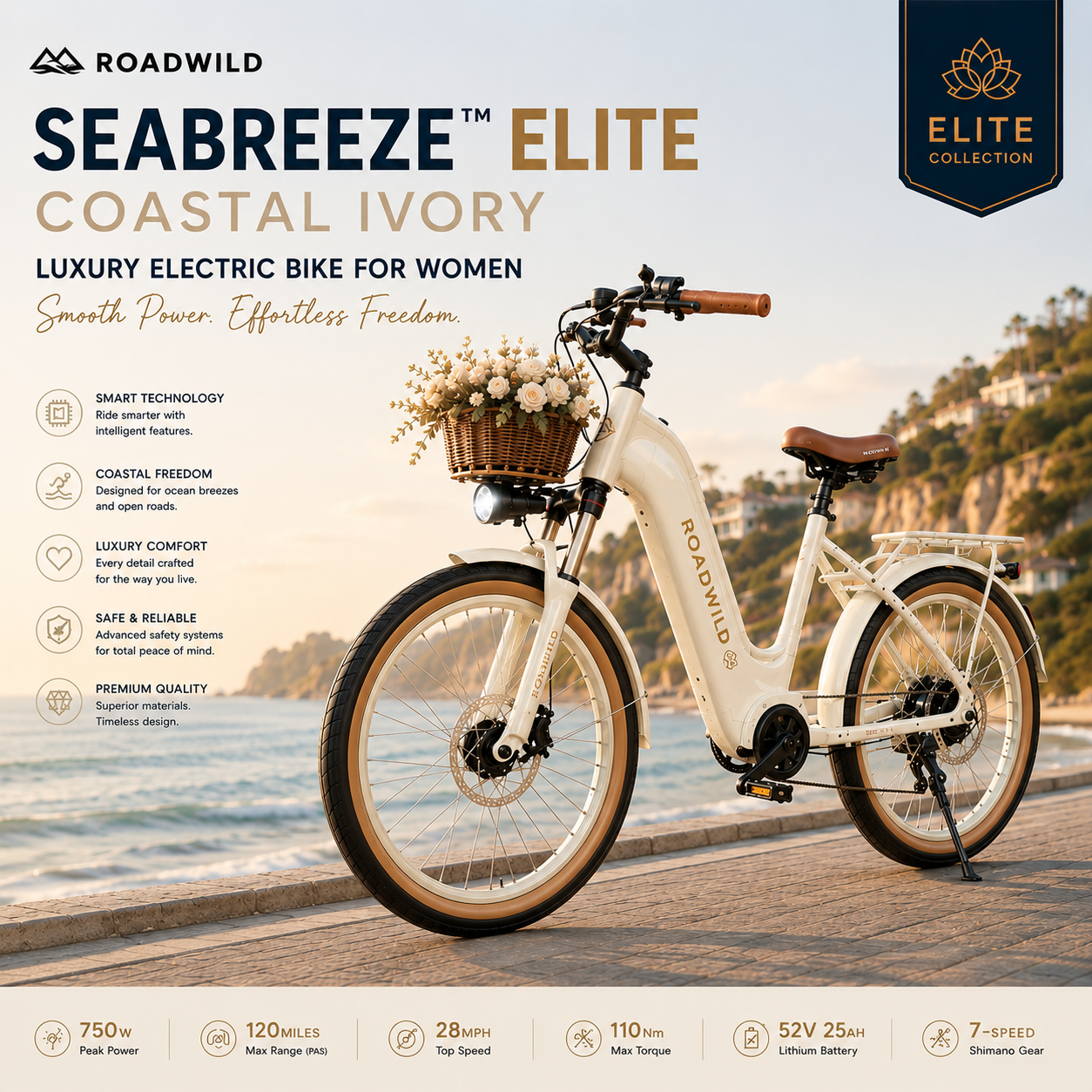 ROADWILD SEABREEZE™ ELITE Luxury Coastal Comfort E-Bike