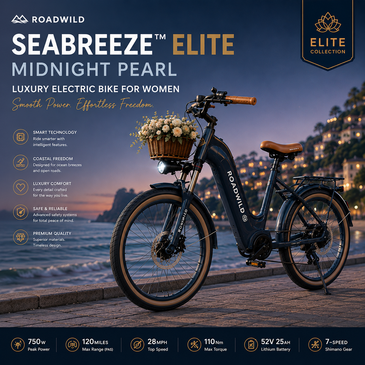 ROADWILD SEABREEZE™ ELITE Luxury Coastal Comfort E-Bike