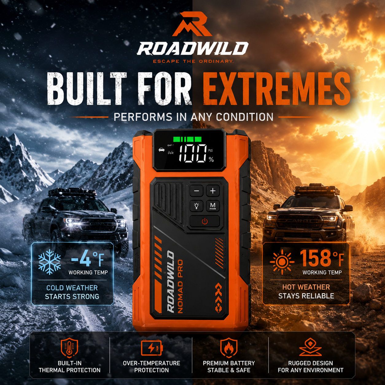 ROADWILD NOMAD PRO 5000A Jump Starter & Air Compressor - Side View